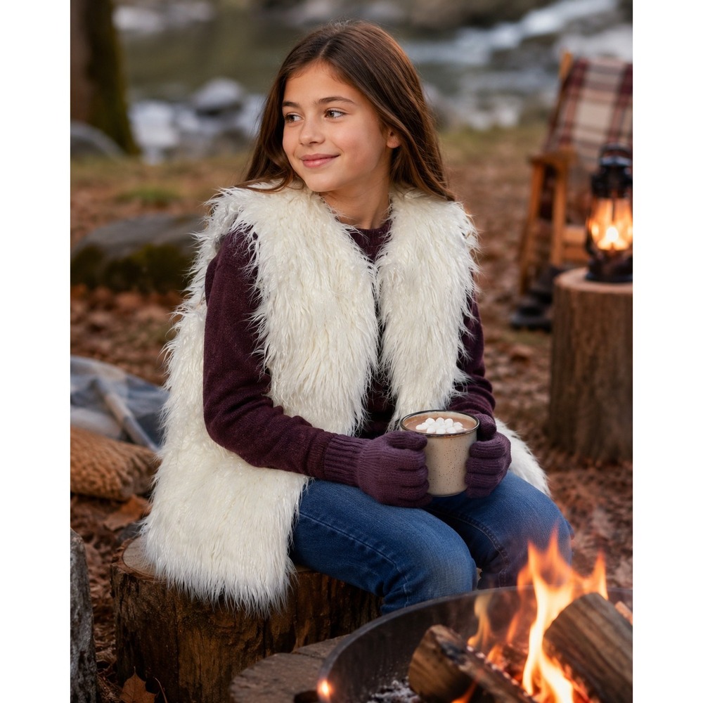 World Market Faux Fur Vest Kids One Size White Shaggy Floral Lined Open Front
